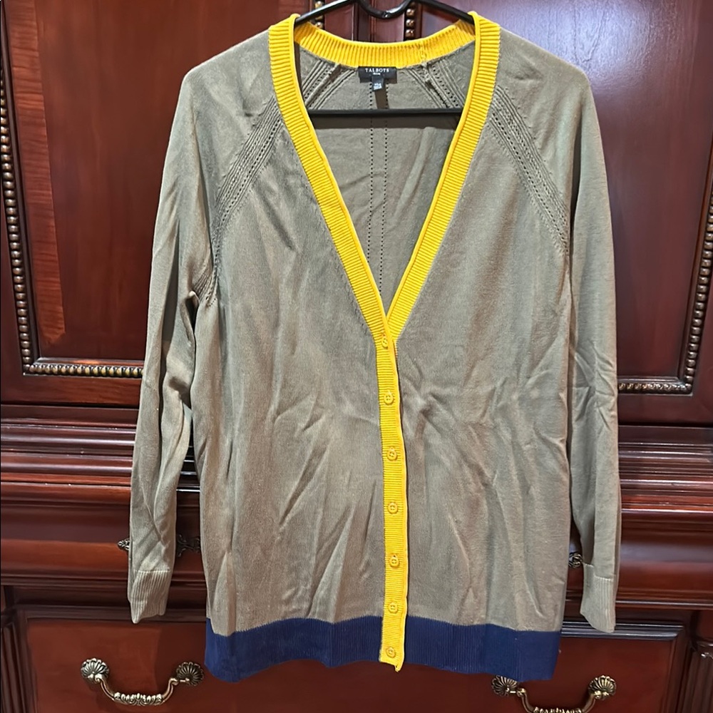 Talbots Cardigan sage green with yellow & navy trim